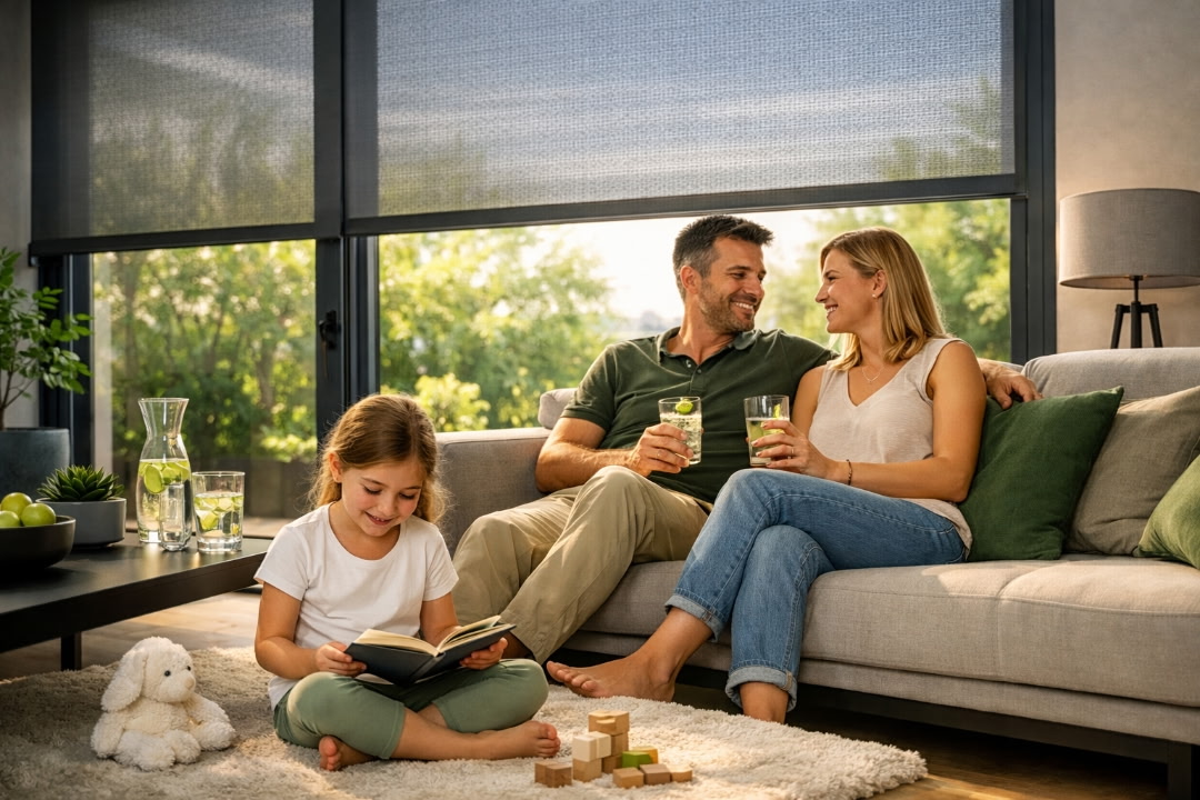 Famille détendue dans un salon protégé du soleil par des stores