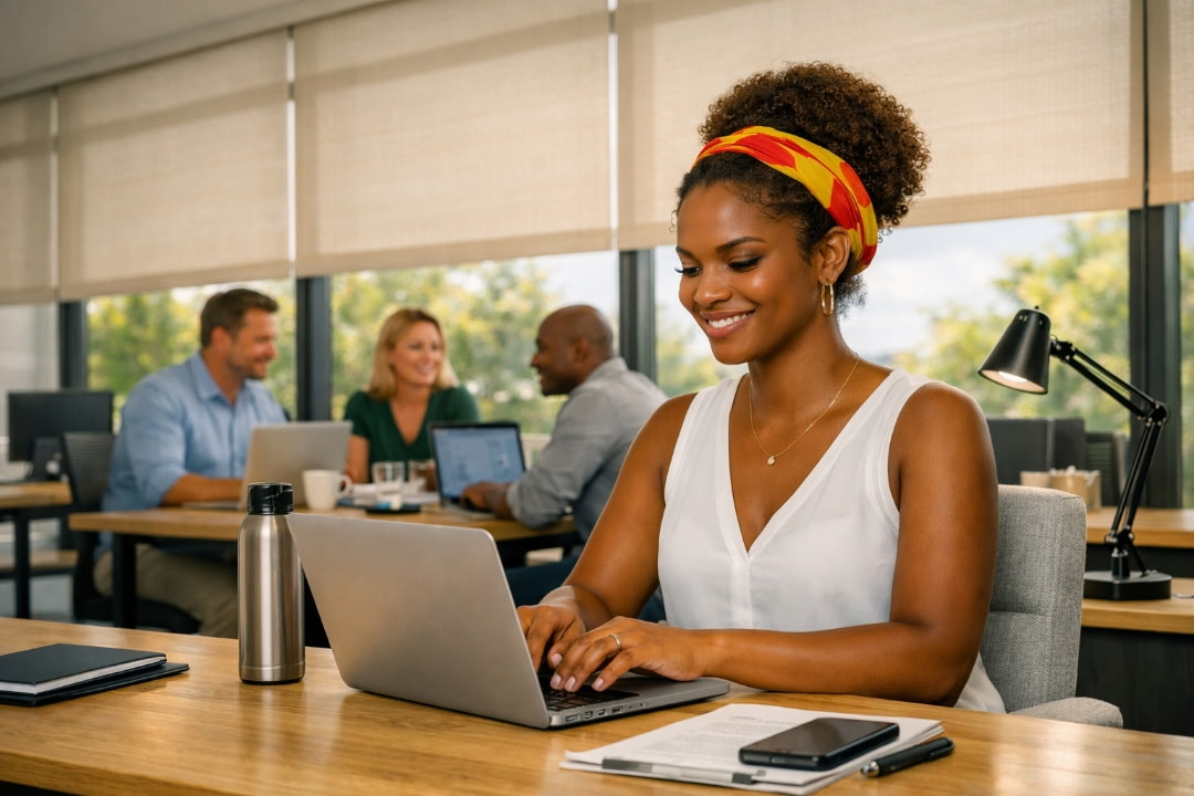 Femme travaillant sur son ordinateur dans un bureau lumineux protégé par des stores